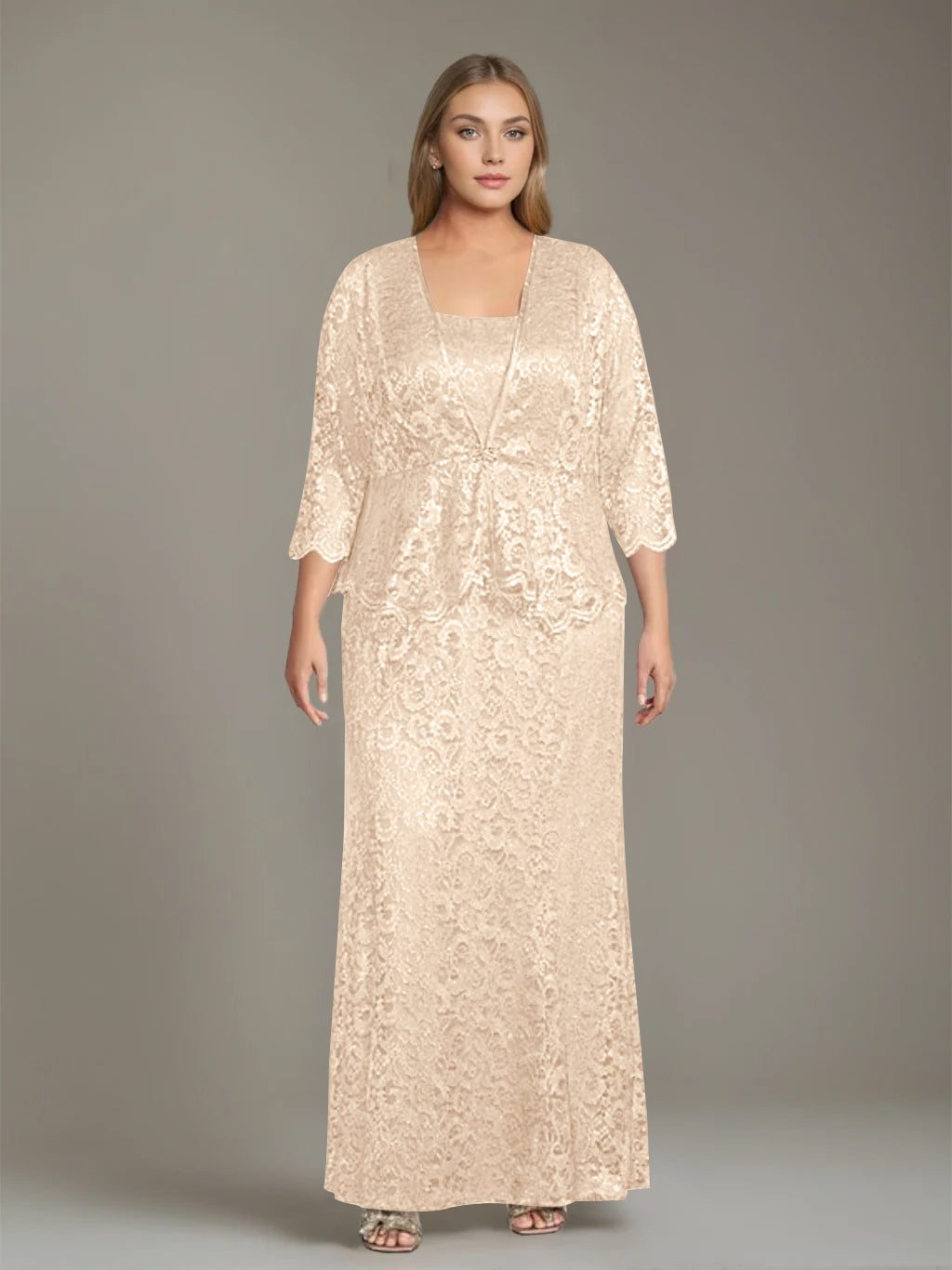 Sheath/Column Square Neck 3/4 Length Sleeves Floor-Length 2 Pieces Plus Size Mother of the Bride Dresses with Jacket