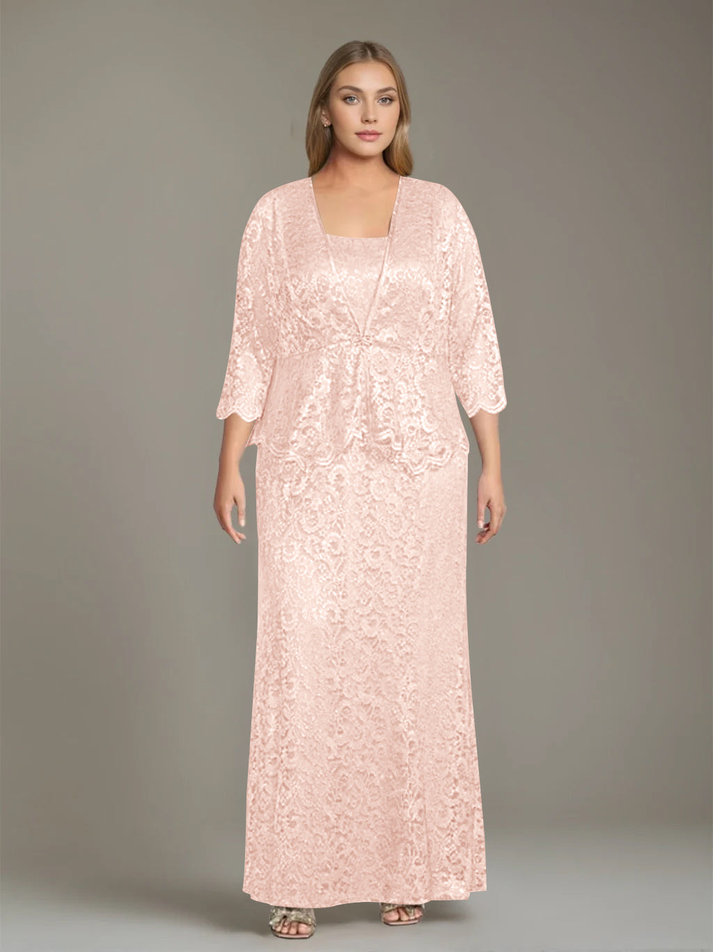 Sheath/Column Square Neck 3/4 Length Sleeves Floor-Length 2 Pieces Plus Size Mother of the Bride Dresses with Jacket