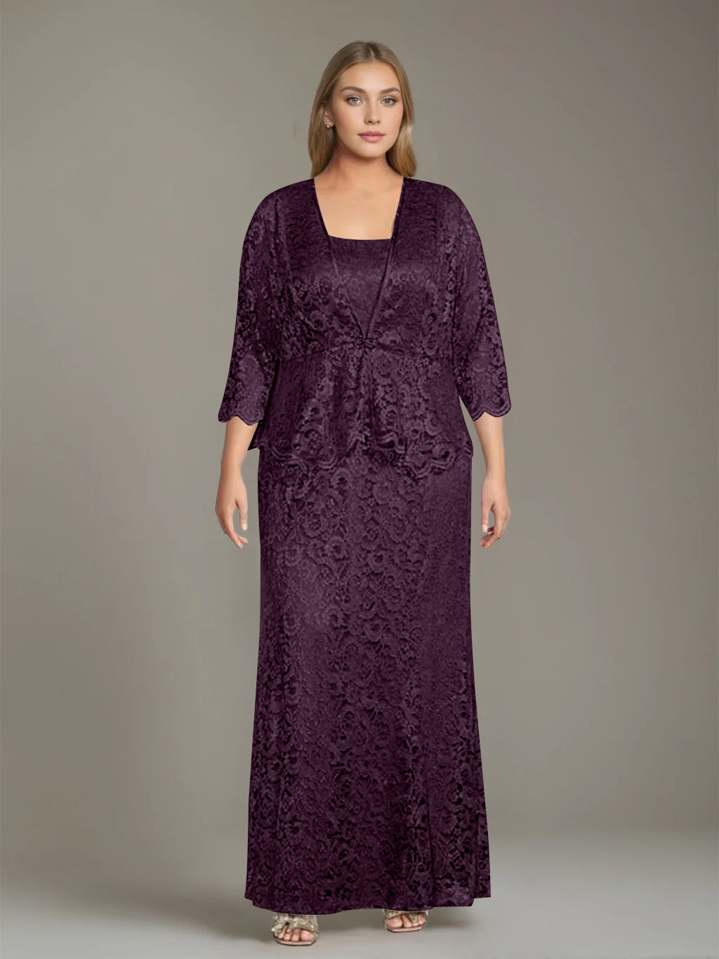 Sheath/Column Square Neck 3/4 Length Sleeves Floor-Length 2 Pieces Plus Size Mother of the Bride Dresses with Jacket