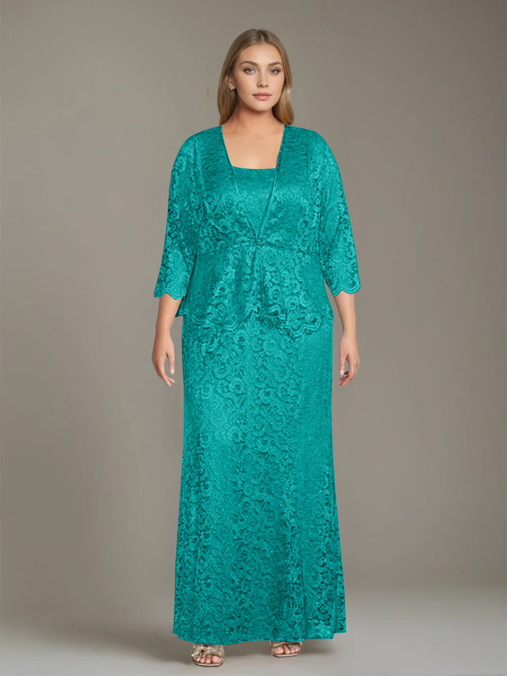 Sheath/Column Square Neck 3/4 Length Sleeves Floor-Length 2 Pieces Plus Size Mother of the Bride Dresses with Jacket