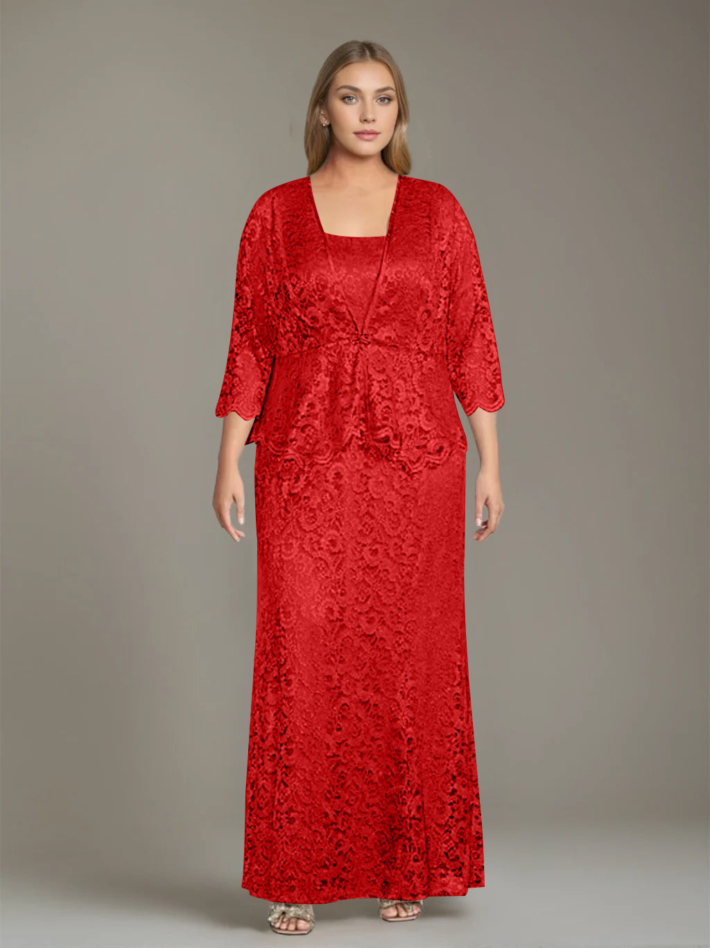 Sheath/Column Square Neck 3/4 Length Sleeves Floor-Length 2 Pieces Plus Size Mother of the Bride Dresses with Jacket