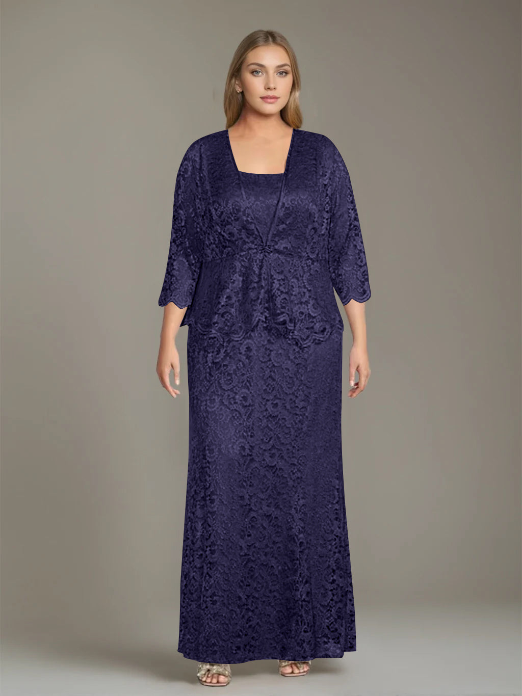 Sheath/Column Square Neck 3/4 Length Sleeves Floor-Length 2 Pieces Plus Size Mother of the Bride Dresses with Jacket