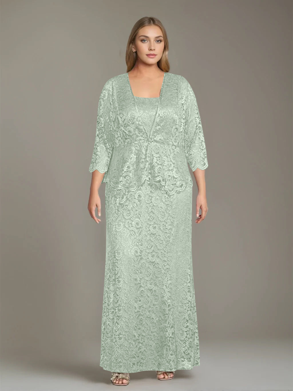 Sheath/Column Square Neck 3/4 Length Sleeves Floor-Length 2 Pieces Plus Size Mother of the Bride Dresses with Jacket