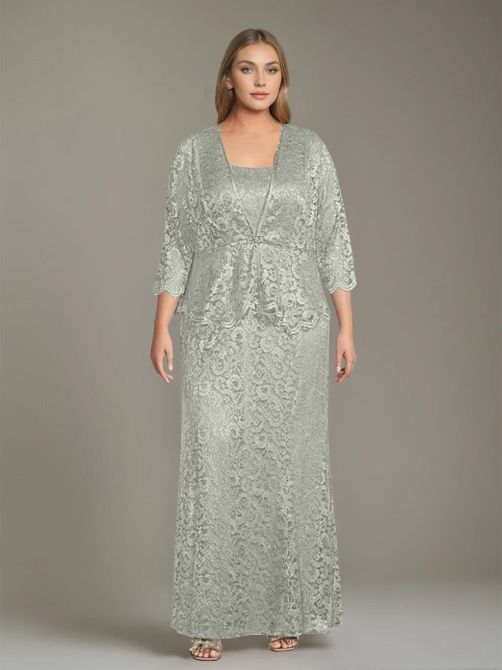 Sheath/Column Square Neck 3/4 Length Sleeves Floor-Length 2 Pieces Plus Size Mother of the Bride Dresses with Jacket