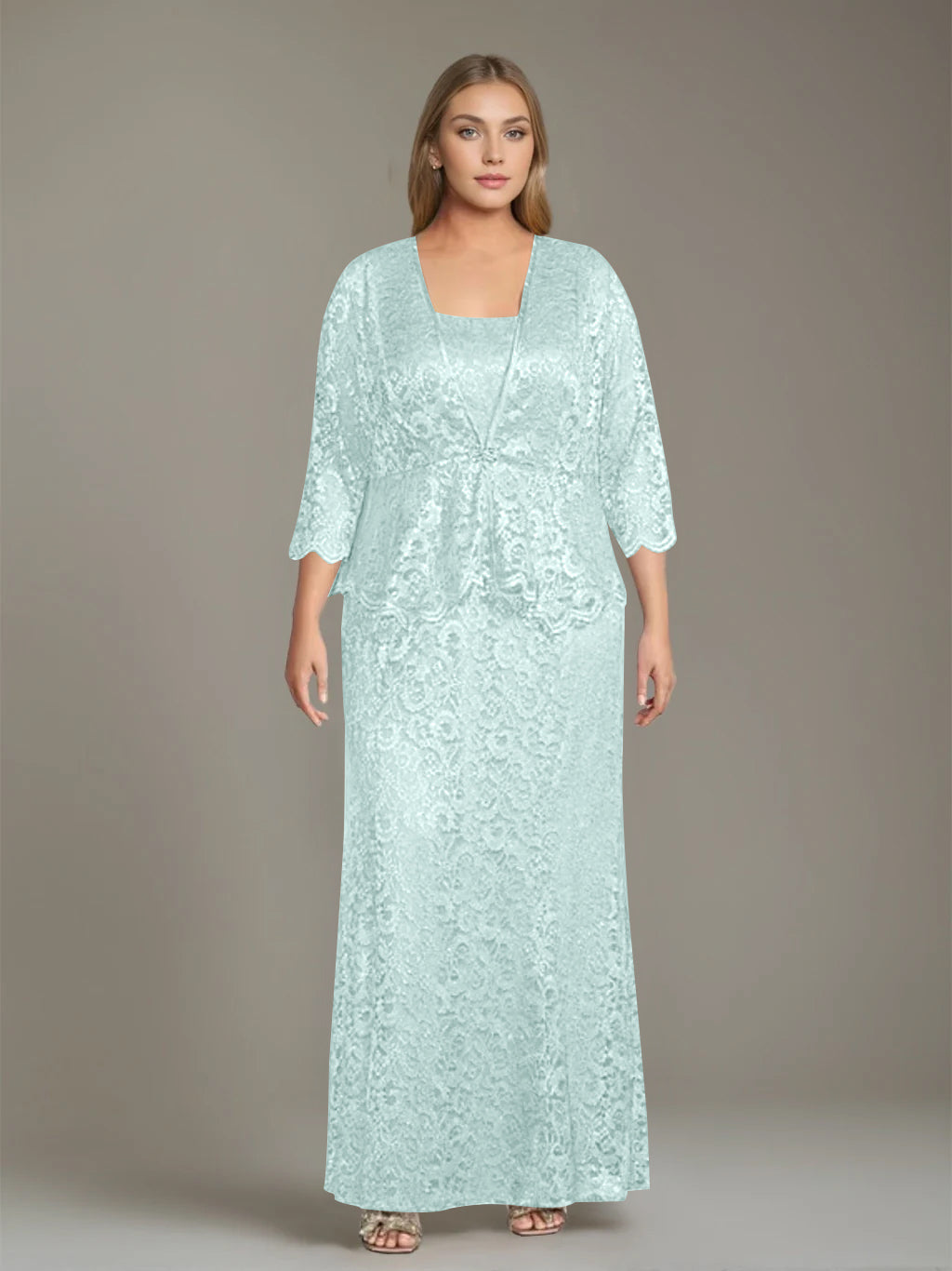 Sheath/Column Square Neck 3/4 Length Sleeves Floor-Length 2 Pieces Plus Size Mother of the Bride Dresses with Jacket