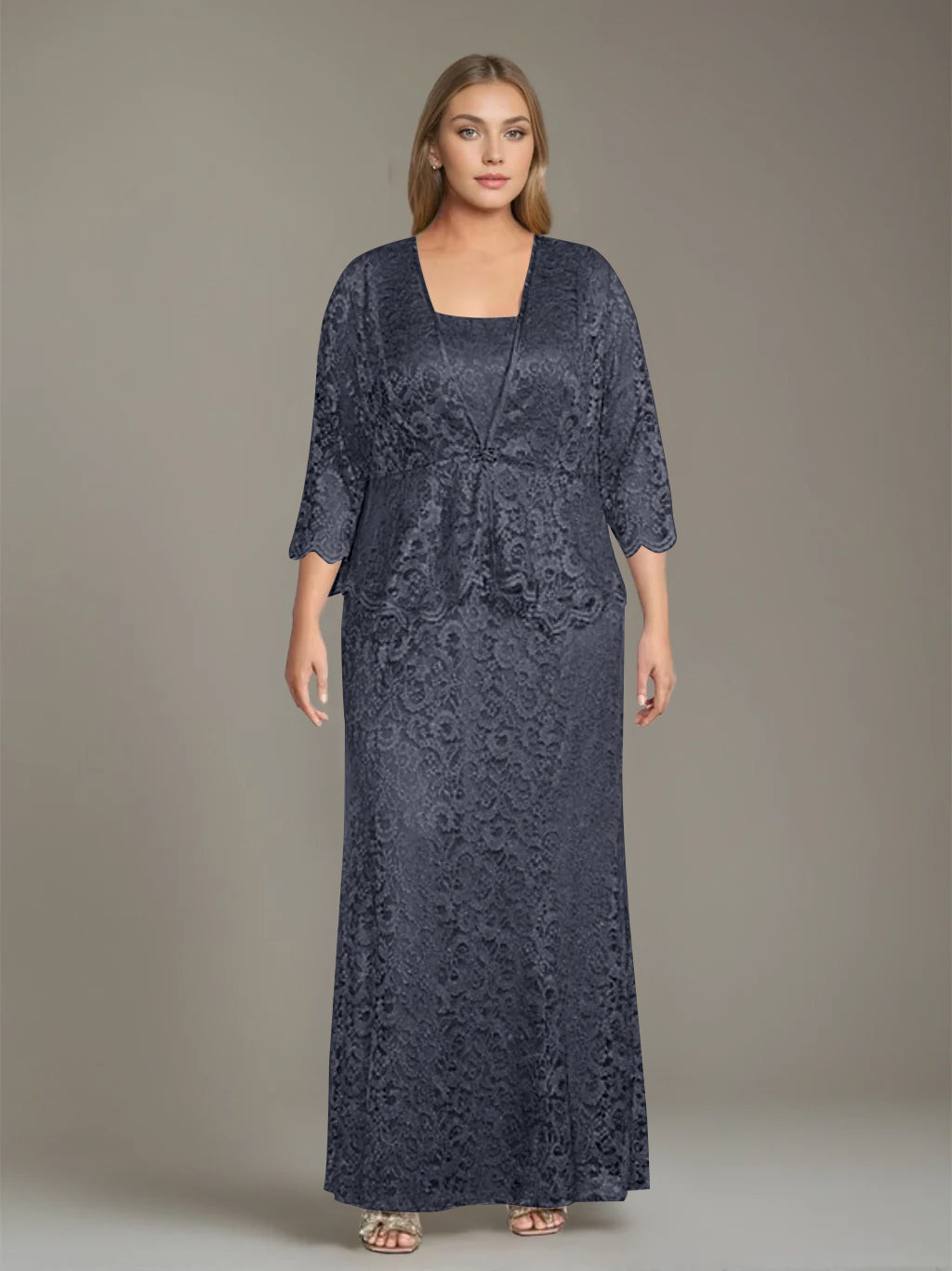Sheath/Column Square Neck 3/4 Length Sleeves Floor-Length 2 Pieces Plus Size Mother of the Bride Dresses with Jacket