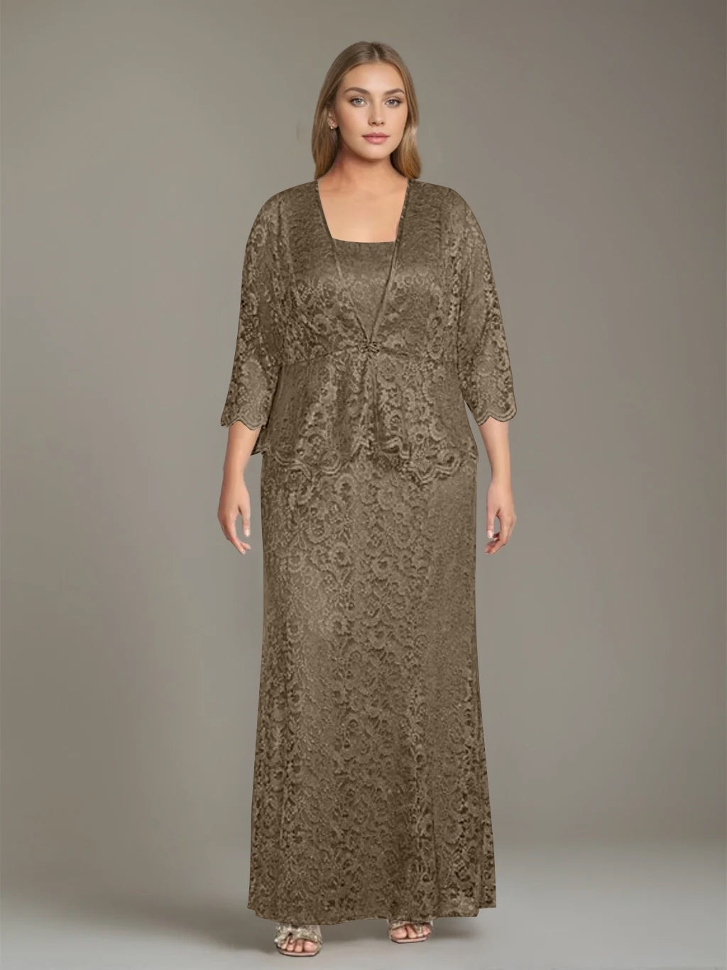 Sheath/Column Square Neck 3/4 Length Sleeves Floor-Length 2 Pieces Plus Size Mother of the Bride Dresses with Jacket