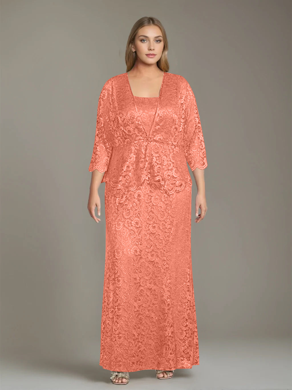 Sheath/Column Square Neck 3/4 Length Sleeves Floor-Length 2 Pieces Plus Size Mother of the Bride Dresses with Jacket