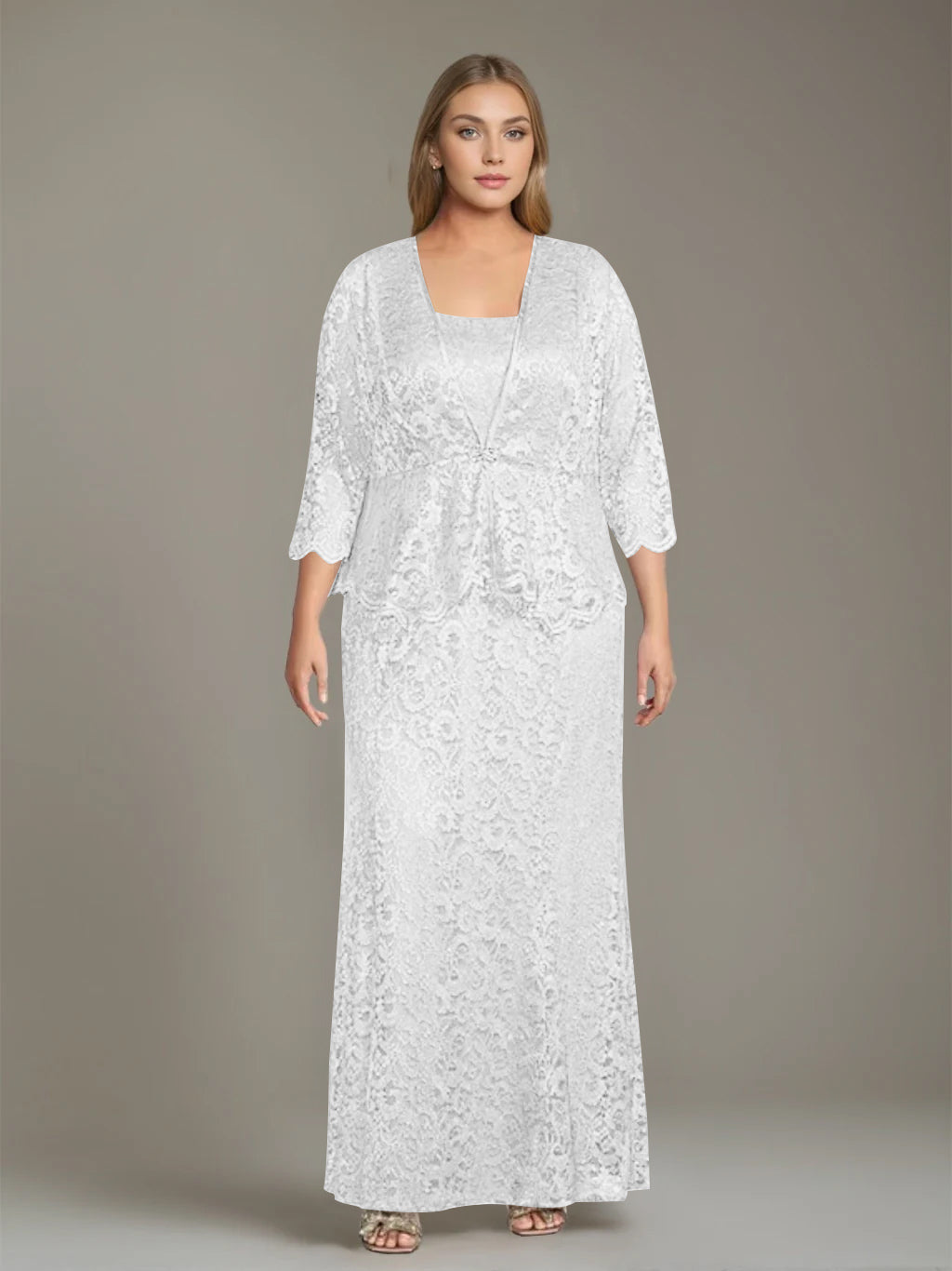 Sheath/Column Square Neck 3/4 Length Sleeves Floor-Length 2 Pieces Plus Size Mother of the Bride Dresses with Jacket