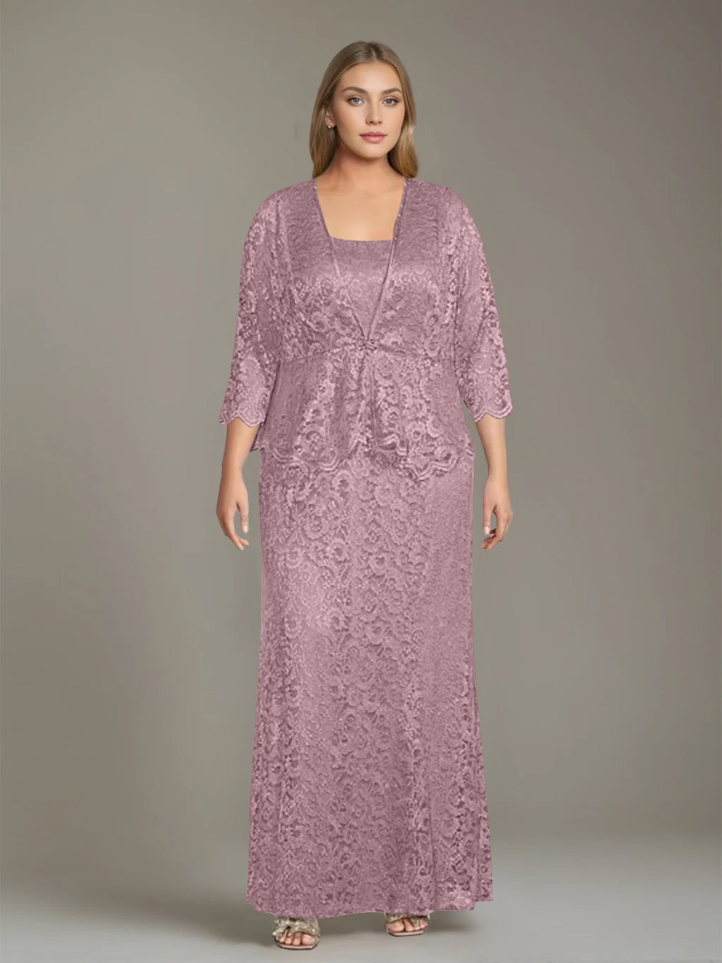 Sheath/Column Square Neck 3/4 Length Sleeves Floor-Length 2 Pieces Plus Size Mother of the Bride Dresses with Jacket