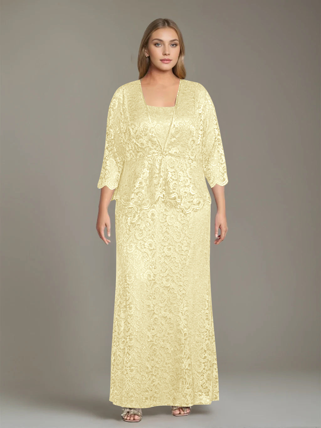 Sheath/Column Square Neck 3/4 Length Sleeves Floor-Length 2 Pieces Plus Size Mother of the Bride Dresses with Jacket