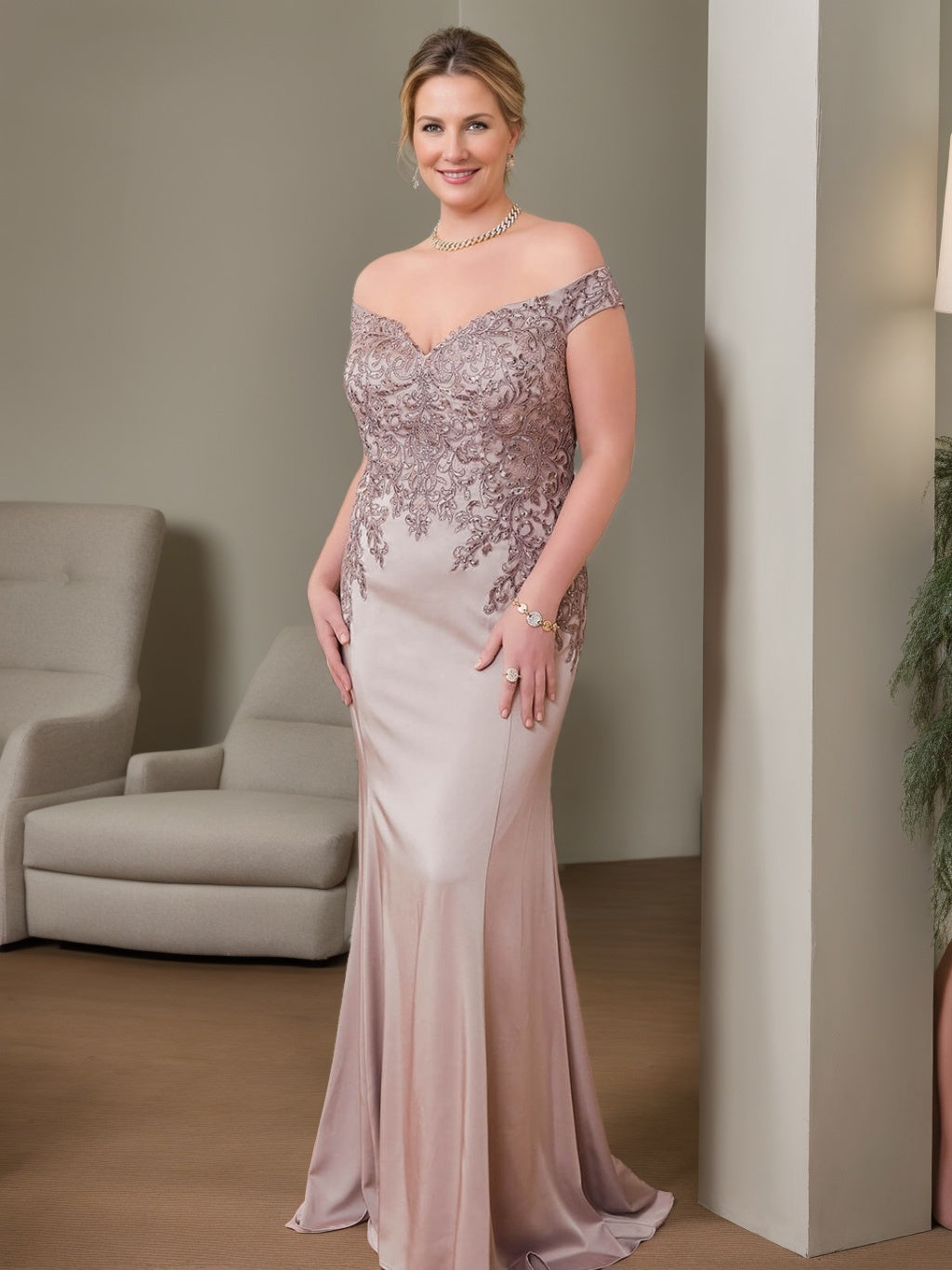 Trumpet/Mermaid Off-the-Shoulder Floor-Length Plus Size Mother of the Bride Dresses with Beads