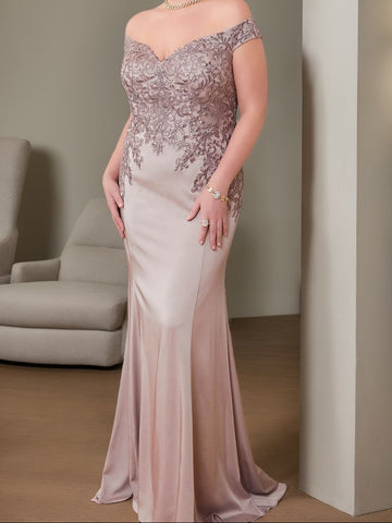 Trumpet/Mermaid Off-the-Shoulder Floor-Length Plus Size Mother of the Bride Dresses with Beads