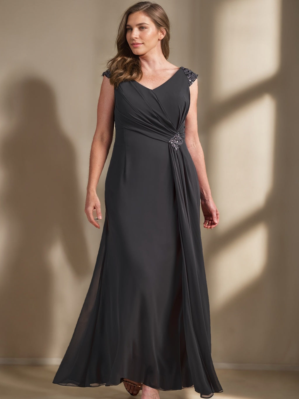 A-Line/Princess V-Neck Sleeveless Floor-Length Plus Size Mother of the Bride Dresses with Sequins and Ruffles