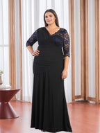 Sheath/Column V-Neck Half Sleeves Floor-Length Plus Size Mother of the Bride Dresses with Appliques and Ruffles