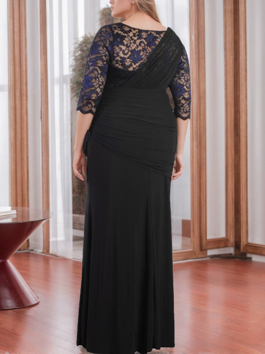 Sheath/Column V-Neck Half Sleeves Floor-Length Plus Size Mother of the Bride Dresses with Appliques and Ruffles