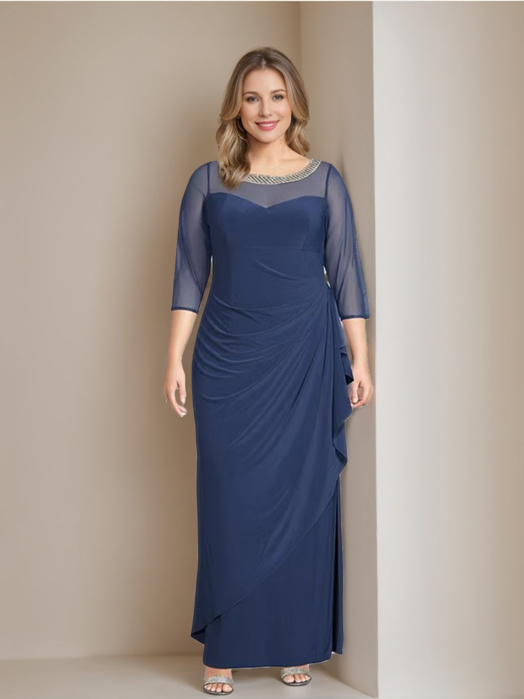 Sheath/Column Scoop 3/4 Length Sleeves Ankle-Length Plus Size Mother of the Bride Dresses with Ruffles