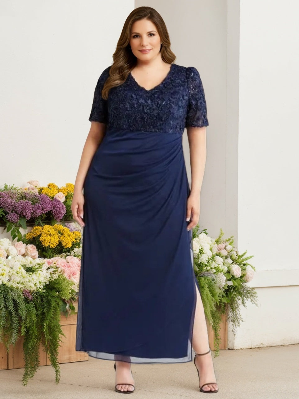 Sheath/Column V-Neck Short Sleeves Ankle-Length Plus Size Mother of the Bride Dresses with Sequins & Ruches
