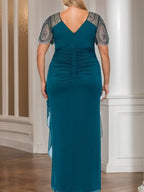 Sheath/Column V-Neck Short Sleeves Ankle-Length Lace Plus Size Mother of the Bride Dresses with Beads