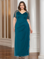 Sheath/Column V-Neck Short Sleeves Ankle-Length Lace Plus Size Mother of the Bride Dresses with Beads