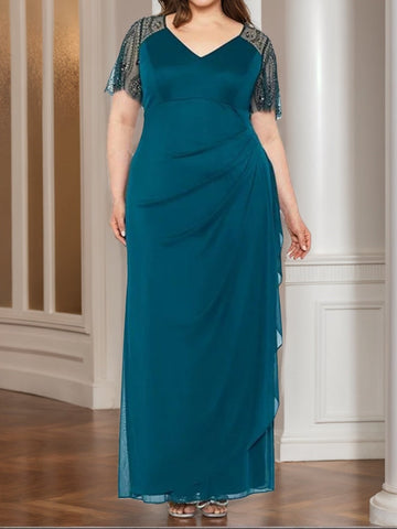 Sheath/Column V-Neck Short Sleeves Ankle-Length Lace Plus Size Mother of the Bride Dresses with Beads