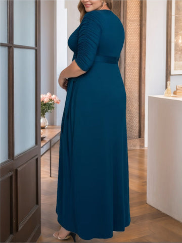 A-Line/Princess V-Neck Half Sleeves Asymmetrical Unique Plus Size Mother of the Bride Dresses with Ruffles