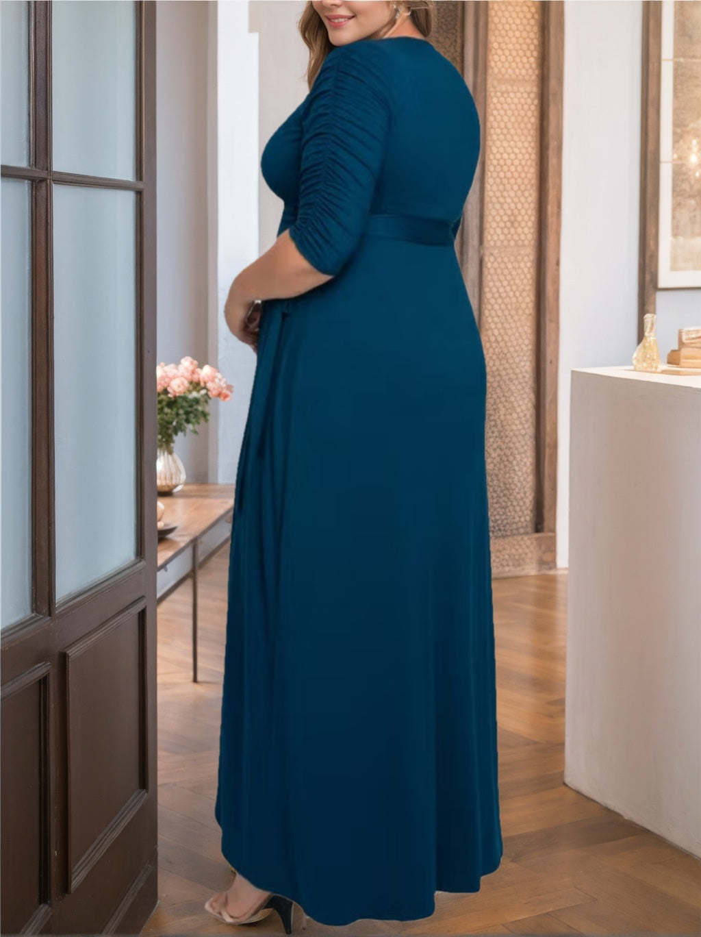 A-Line/Princess V-Neck Half Sleeves Asymmetrical Unique Plus Size Mother of the Bride Dresses with Ruffles