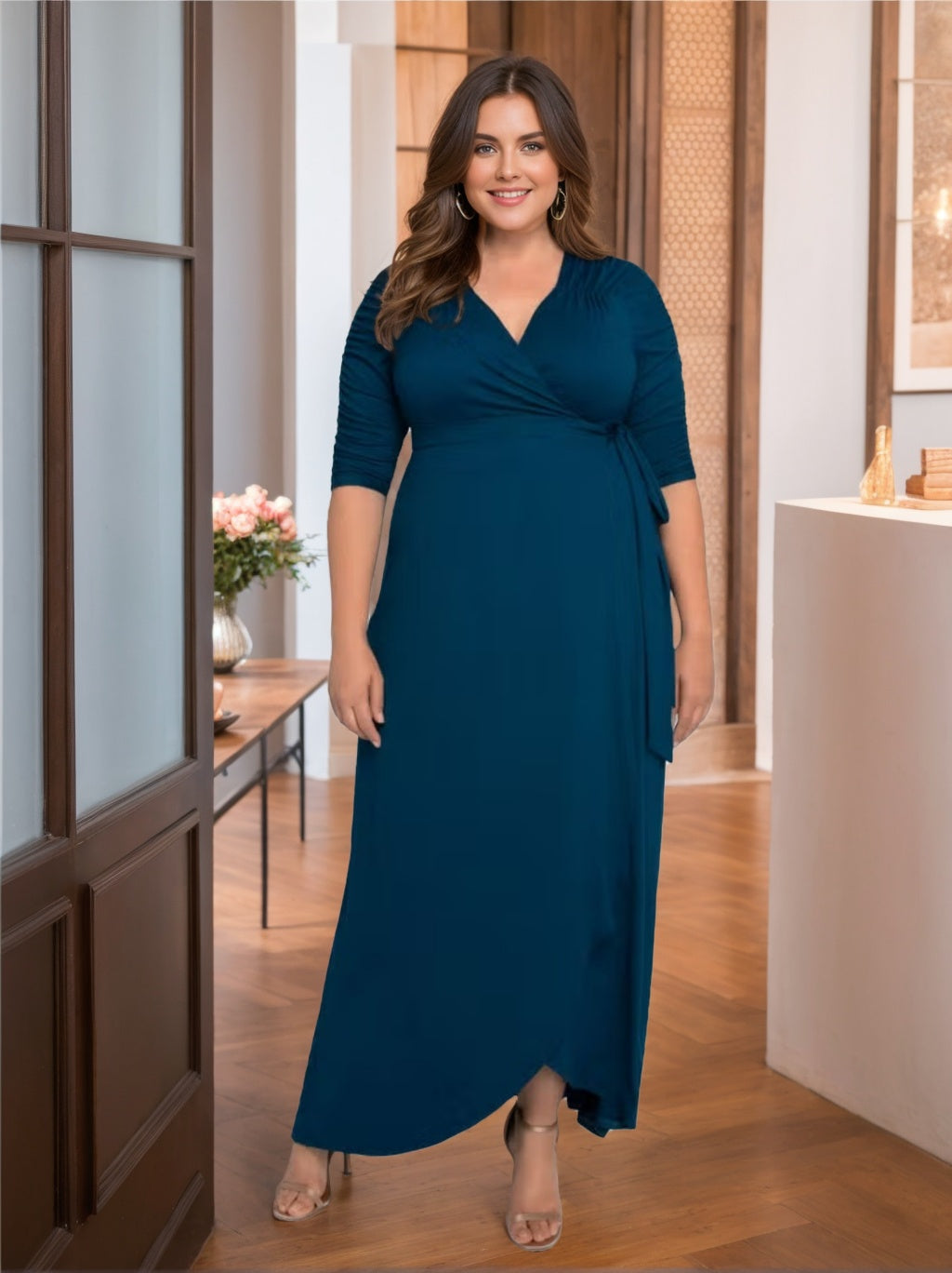 A-Line/Princess V-Neck Half Sleeves Asymmetrical Unique Plus Size Mother of the Bride Dresses with Ruffles
