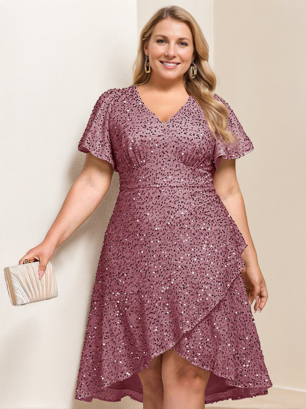A-Line/Princess V-Neck Short Sleeves Asymmetrical Plus Size Mother Of The Bride Dresses with Sequins & Ruffles