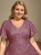 A-Line/Princess V-Neck Short Sleeves Asymmetrical Plus Size Mother Of The Bride Dresses with Sequins & Ruffles