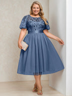A-Line/Princess Round Neck Short Sleeves Tea-Length Plus Size Mother of the Bride Dress with Sequins and Embroidery