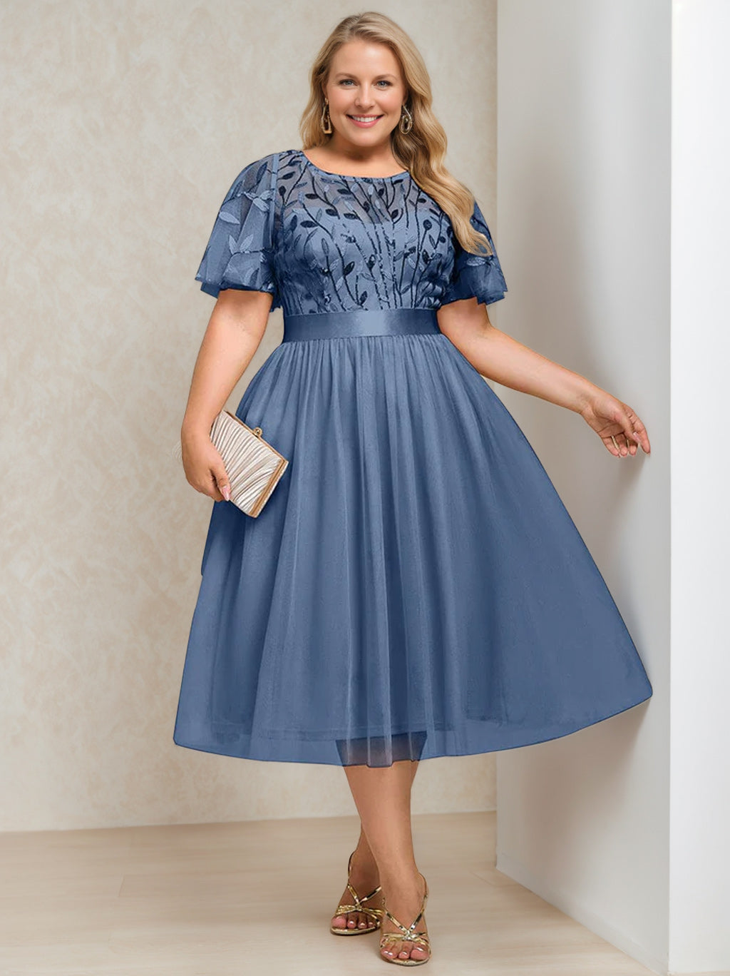 A-Line/Princess Round Neck Short Sleeves Tea-Length Plus Size Mother of the Bride Dress with Sequins and Embroidery