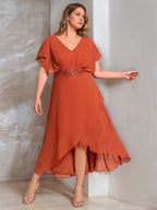 A-Line/Princess V-Neck Short Sleeves Asymmetrical Plus Size Mother Of The Bride Dresses with Appliques