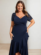 Sheath/Column V-Neck Short Sleeves Asymmetrical Plus Size Mother of the Bride Dresses with Sequins
