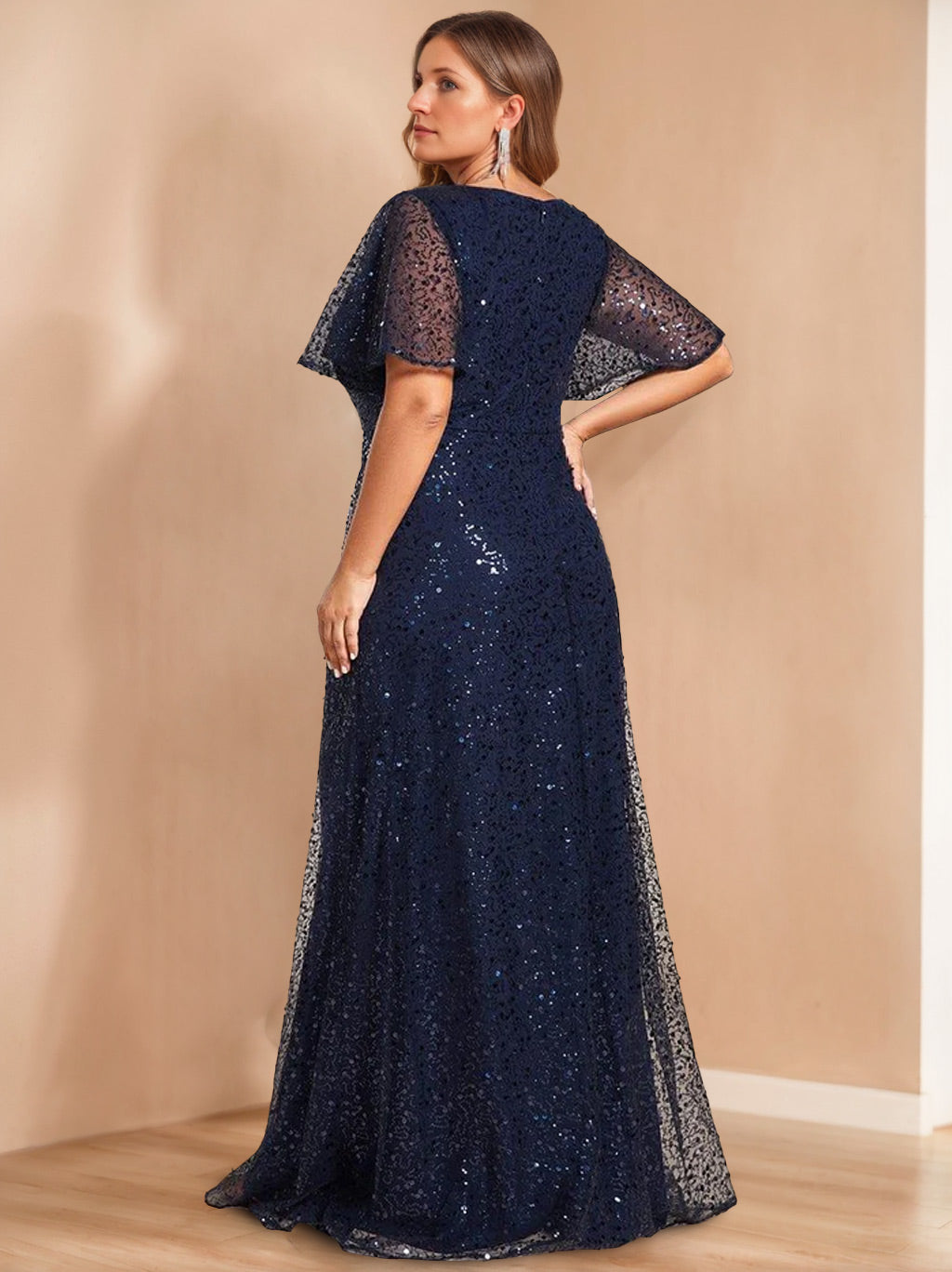 A-Line/Princess V-Neck Short Sleeves Floor-Length Unique Plus Size Mother Of The Bride Dresses with Sequins