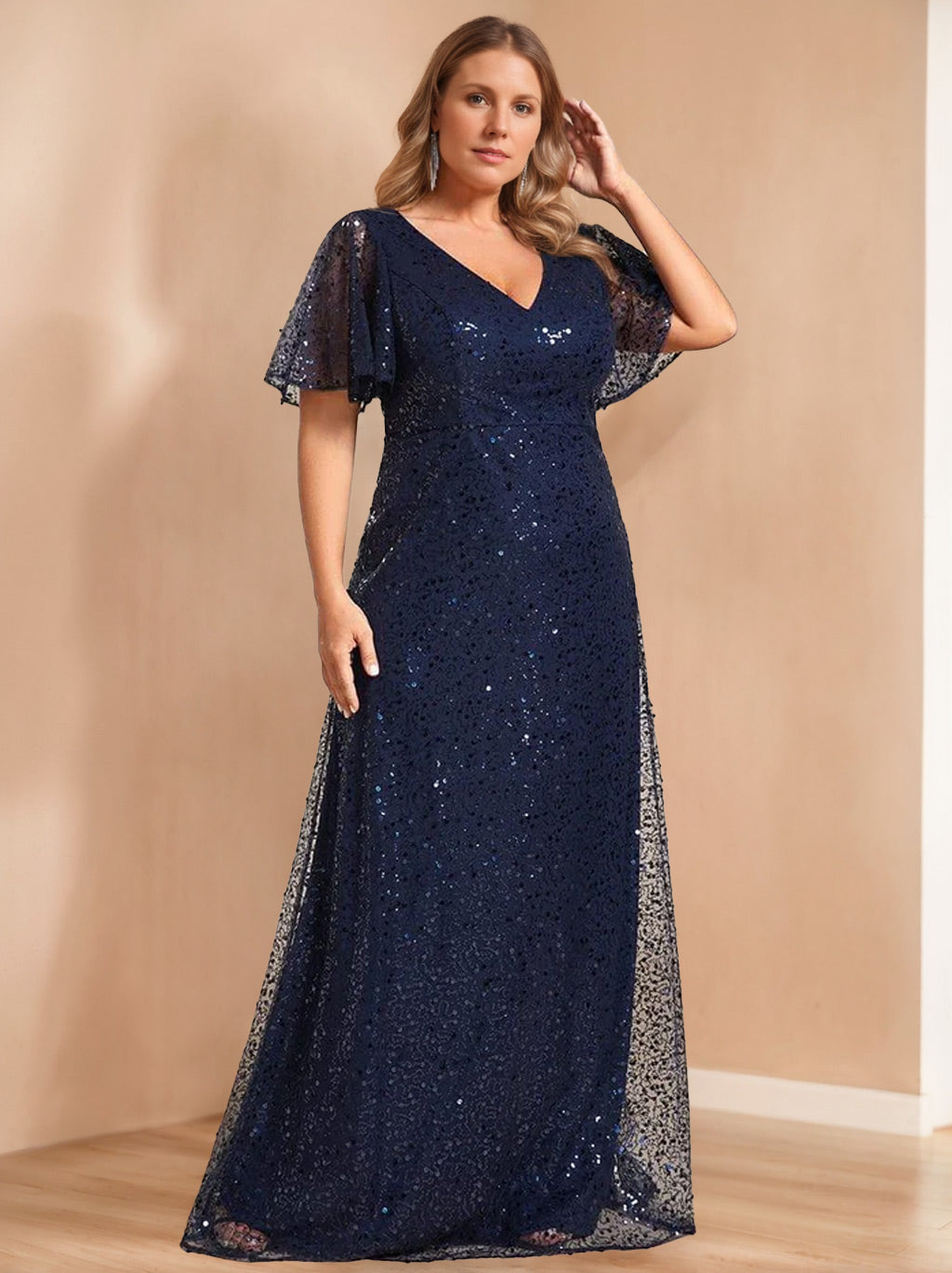 A-Line/Princess V-Neck Short Sleeves Floor-Length Unique Plus Size Mother Of The Bride Dresses with Sequins