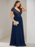 A-Line/Princess V-Neck Short Sleeves Floor-Length Chiffon Plus Size Mother Of The Bride Dresses with Ribbon
