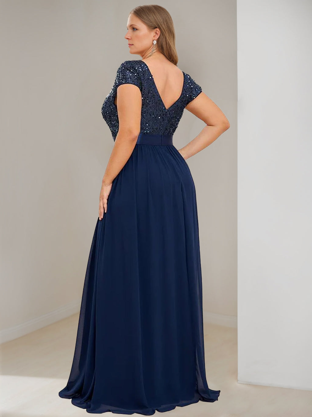 A-Line/Princess V-Neck Short Sleeves Floor-Length Chiffon Plus Size Mother Of The Bride Dresses with Ribbon