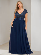 A-Line/Princess V-Neck Short Sleeves Floor-Length Chiffon Plus Size Mother Of The Bride Dresses with Ribbon