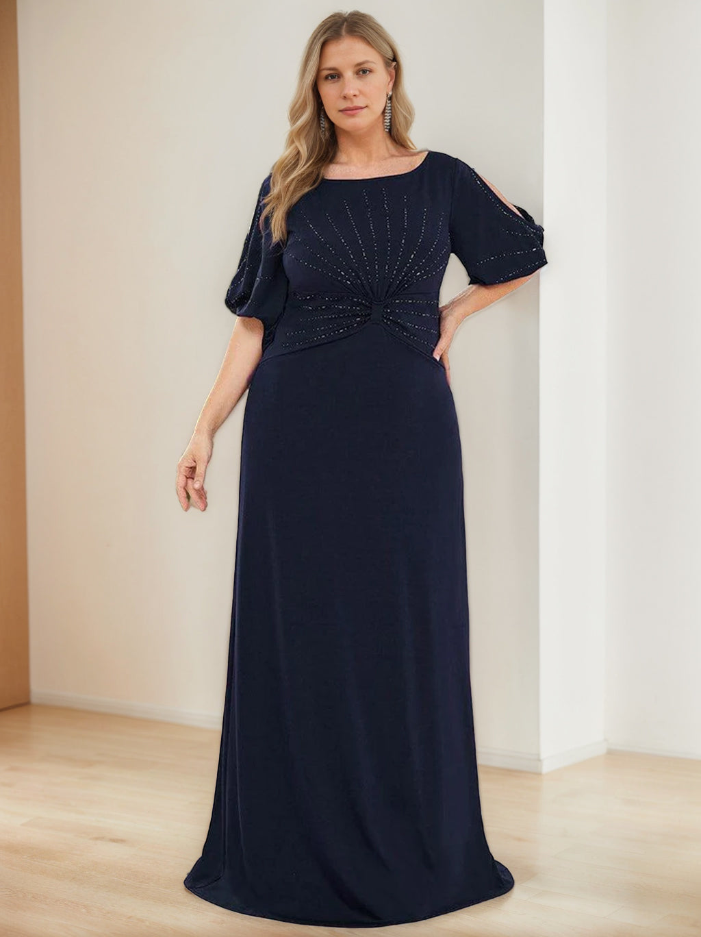 A-Line/Princess Round Neck Half Sleeves Floor-Length Plus Size Mother of the Bride Dresses with Hot Drill