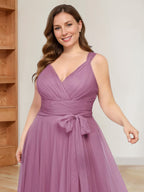 A-Line/Princess V-Neck Sleeveless Floor-Length Tulle Plus Size Mother of the Bride Dresses with Ruffles