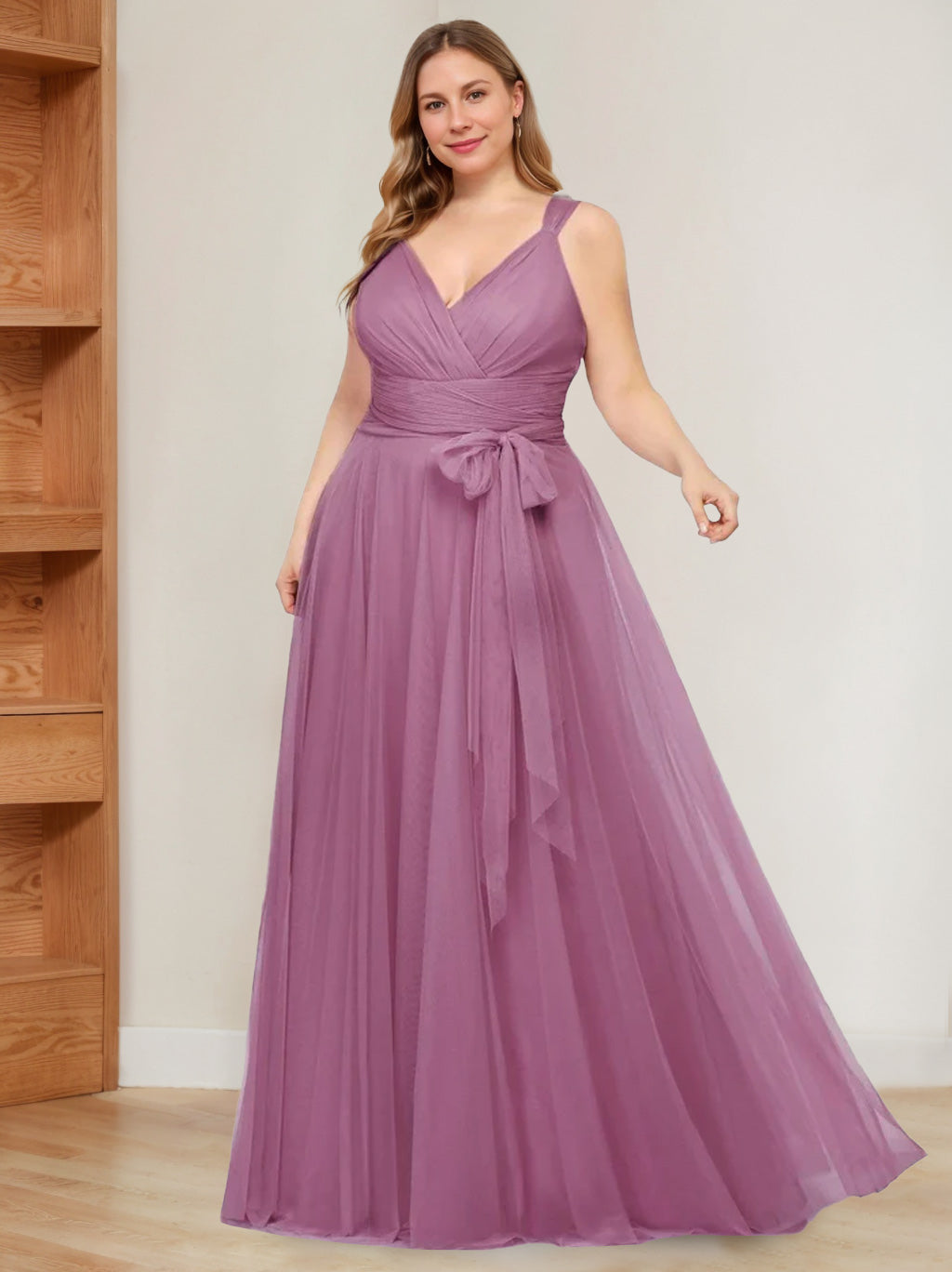 A-Line/Princess V-Neck Sleeveless Floor-Length Tulle Plus Size Mother of the Bride Dresses with Ruffles