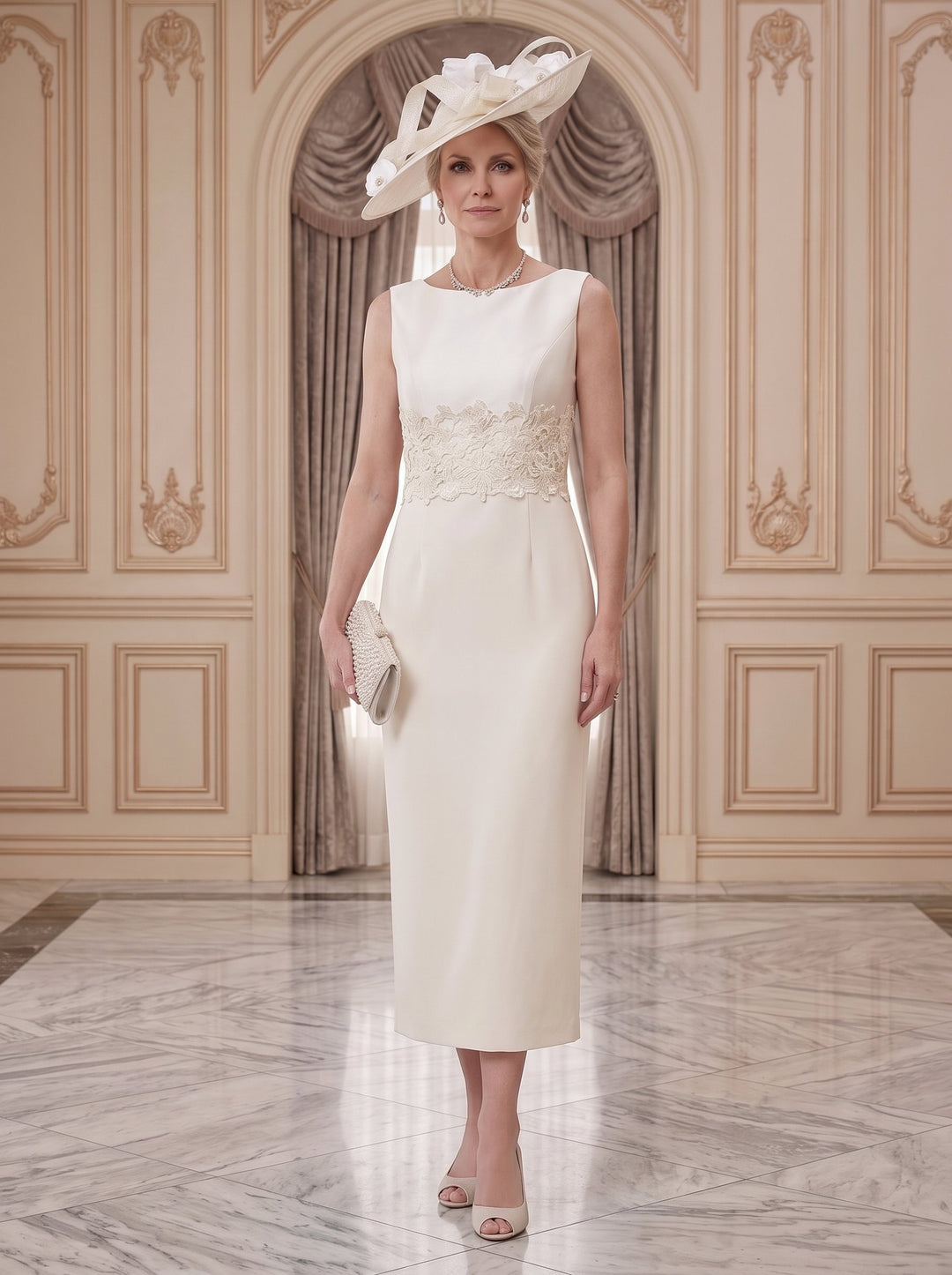 2 Pieces Round Neck Tea-Length Mother of the Bride Dresses with Jacket & Lace Appliques