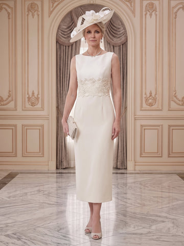2 Pieces Round Neck Tea-Length Mother of the Bride Dresses with Jacket & Lace Appliques