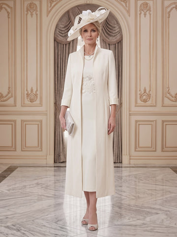 2 Pieces Round Neck Tea-Length Mother of the Bride Dresses with Jacket & Lace Appliques