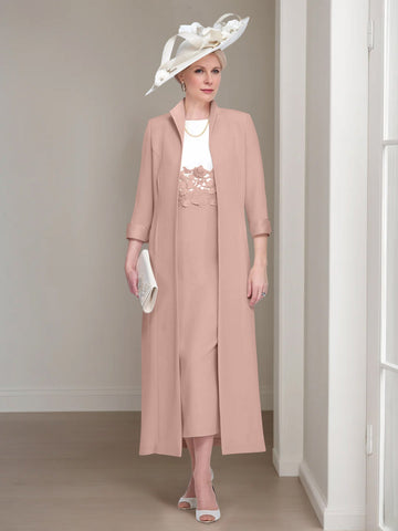 2 Pieces Round Neck Tea-Length Mother of the Bride Dresses with Jacket & Lace Appliques