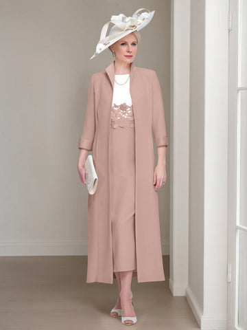 2 Pieces Round Neck Tea-Length Mother of the Bride Dresses with Jacket & Lace Appliques