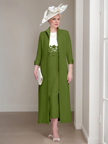2 Pieces Round Neck Tea-Length Mother of the Bride Dresses with Jacket & Lace Appliques
