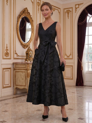 A-Line/Princess V-Neck Sleeveless Ankle-Length Rose Lace Applique Mother of the Bride Dresses with Pockets & Ruffles