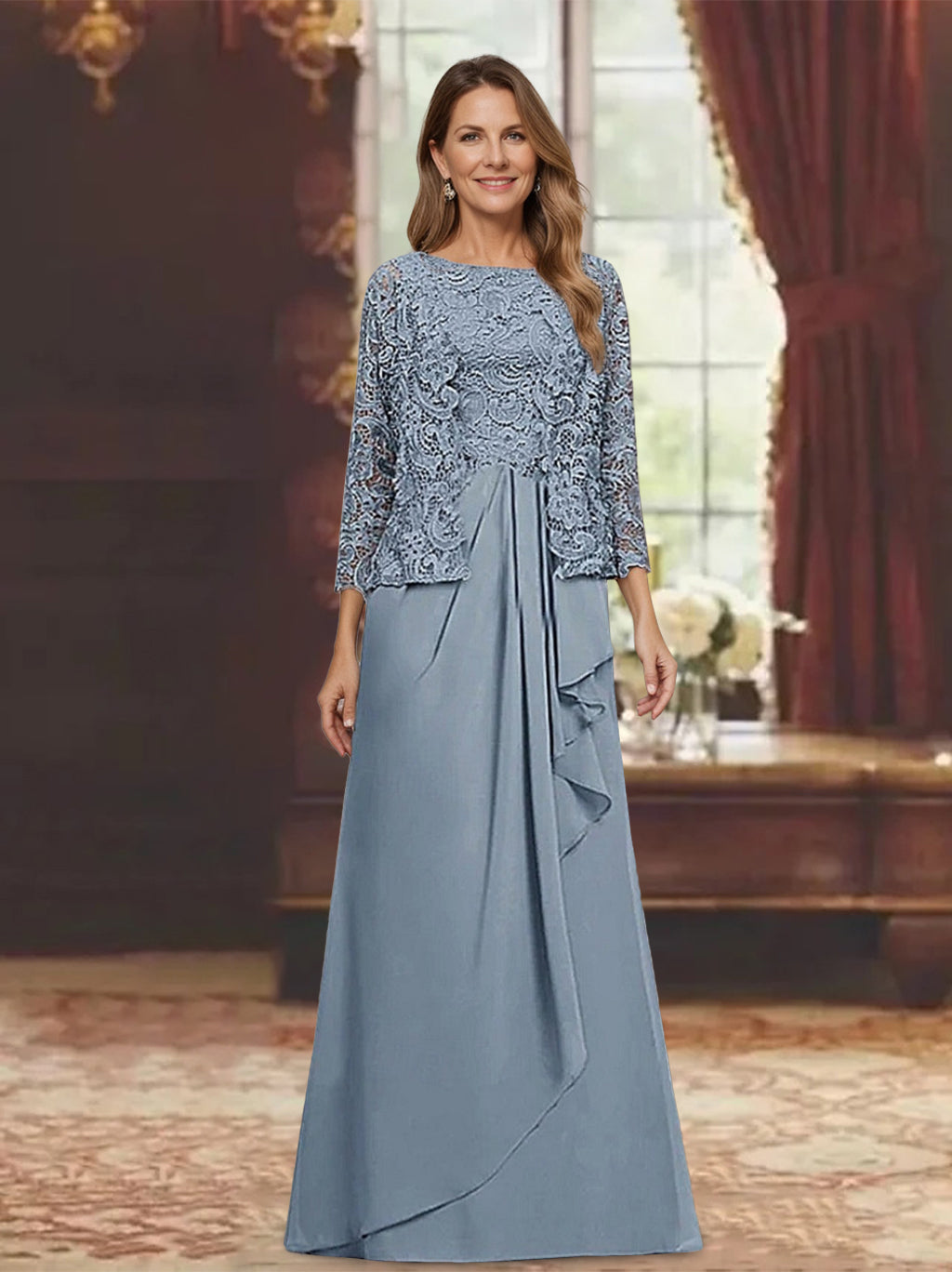 2 Pieces A-Line/Princess Square 3/4 Length Sleeves Floor-Length Mother of the Bride Dresses with Pleated & Ruffles